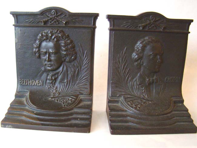 A pair of cast iron Beethoven and Chopin bookends made by Bradley & Hubbard circa 1920